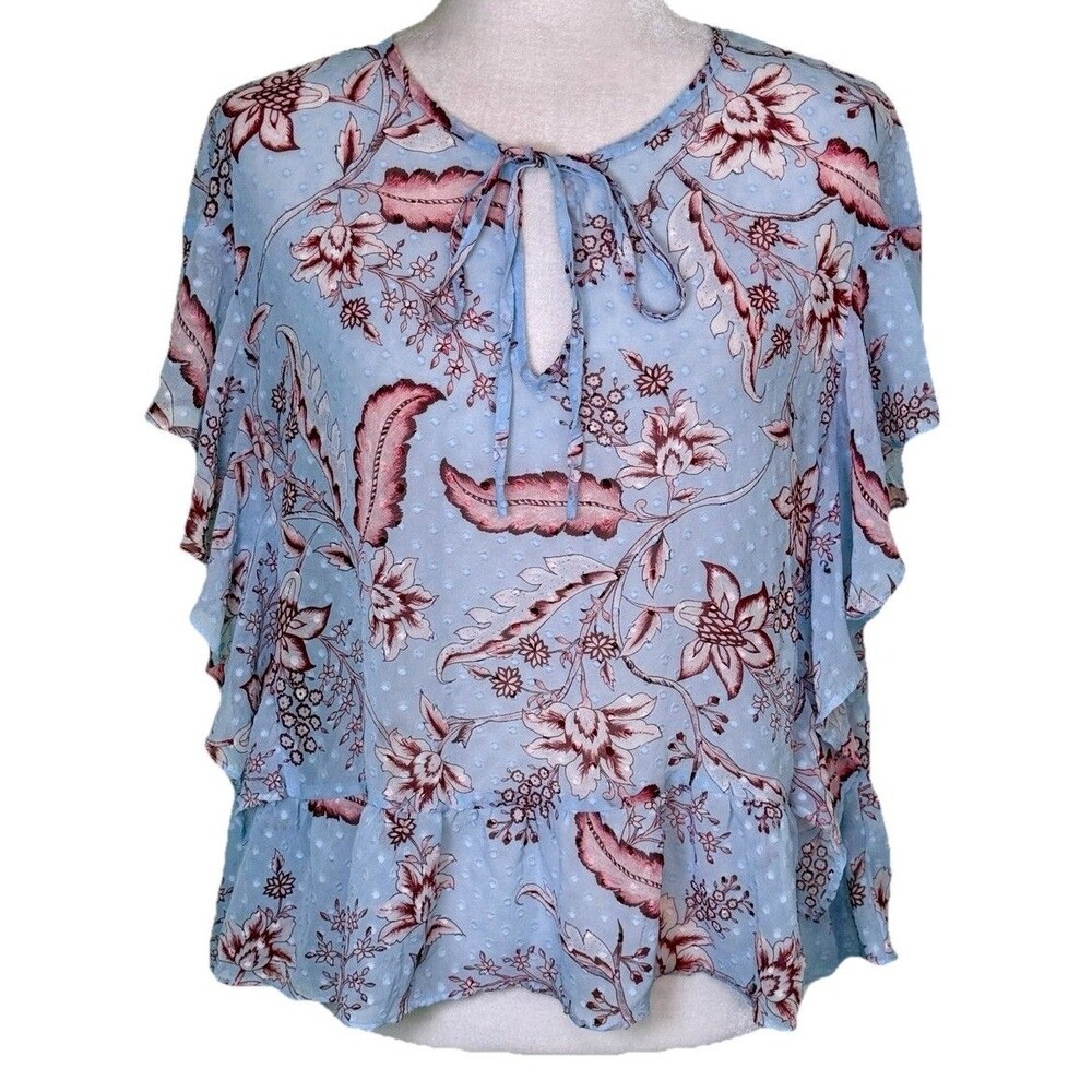 Women’s Sheer Floral Boho‎ Blouse Flutter Sleeve Tie Neck Soft Girl Feminine Lg